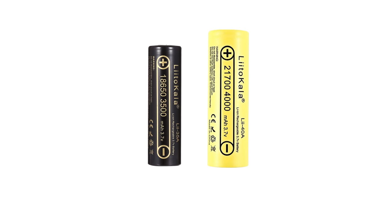 Side-by-side photo of 18650 and 21700 lithium-ion batteries with size labels